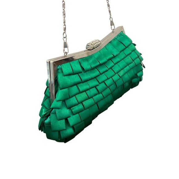 Lulu Townsend Women's Green Folded Ribbon Rhinestone Clasp Evening Clutch Sz M - Picture 4 of 10